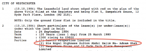 Diregister atas nama lis 120 taun [i.e. rekod kuasa pengempu flat nya] Reta nya enggi Agong ba Flat 5 Hampshire House, regista reta tengkira di London