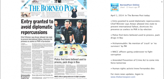 The print version was originally also shown online, but this was soon replaced by an article which re-worded Adenan's remarks in order to cover up his gaffe.