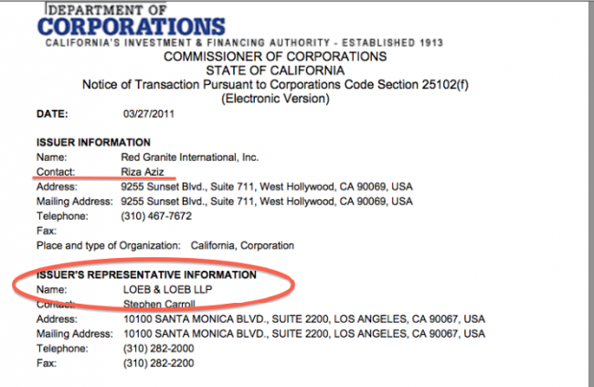 Riza Aziz is the registered owner of Red Granite and Loeb & Loeb incorporated and represented the firm.