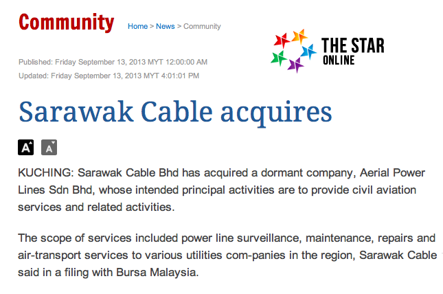 Acquisition by Sarawak Cable of Malaysia's only licensed company to install aerial transmission cables