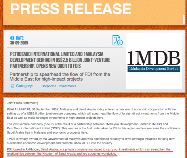1MDB press release misled the media into assuming an official status for PSI in Saudi Arabia