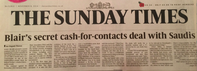 Top front page headline in the UK's leading Sunday newspaper - the money came from Malaysia