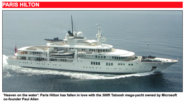 The Tatoosh rents for half a million dollars a week - Jho Low attracted press attention by inviting Paris Hilton on board in 2010