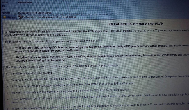 Press Release for the 11th Malaysia Plan came out of Stadlen's office on the Malaysia News email account