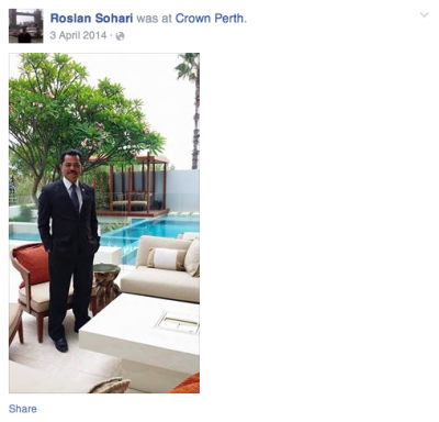 Roslan Johari uploads a photo of himself at the lavish Crown hotel in Perth, Australia