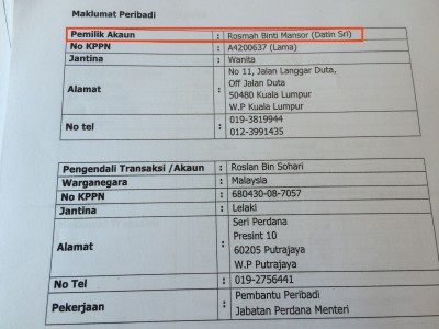 Rosmah Mansor nyadika pemegai akaun lalu Roslan Sohari dipaduka nganjung duit simpan ngagai bank