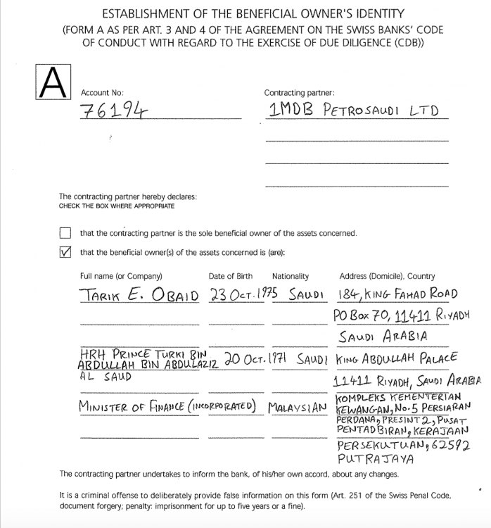 Minister of Finance is the sole shareholder and signatory for 1MDB - as this declaration for the opening of the 1MDB PetroSaudi account with JP Morgan in Switzerland proves