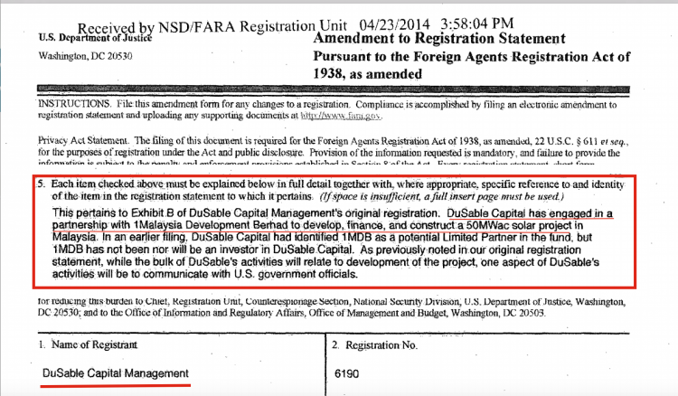 1MDB will no longer be an investor in DuSable, but the arrangement remains in place - 2014