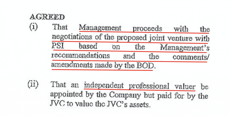 The Management were merely authorised to continue to negotiate and were ordered to abide by the recommendations and amendments proposed by the Board - including commissioning an independent valuation of PetroSaudi - yet two days later the deal was signed!