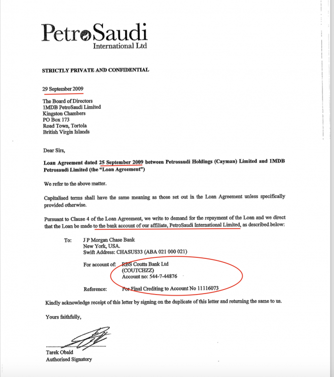 $700 m 'repayment demand' - note the bank account belongs not to a PetroSaudi affiliate but to Jho Low!