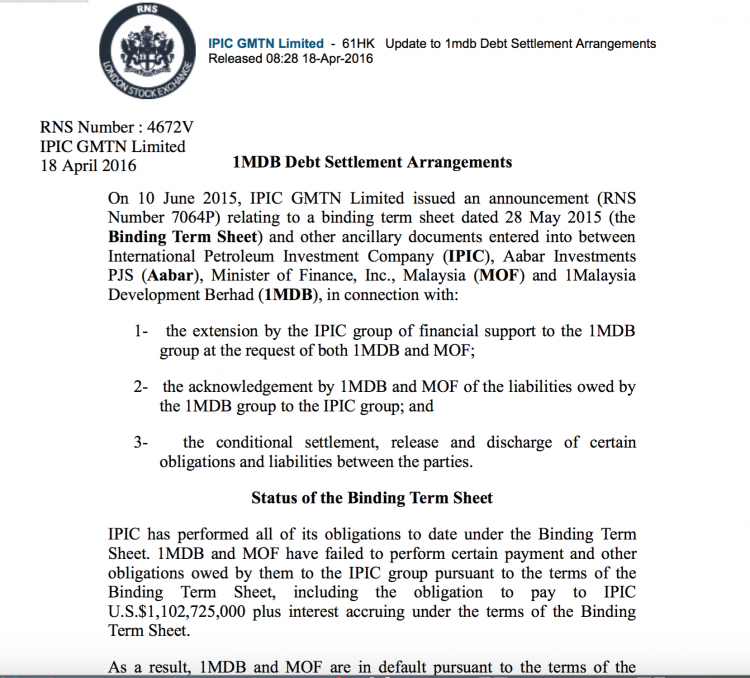 See you in court the new IPIC management have told 1MDB 