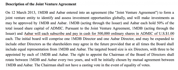 According to Goldman at the time of the bond issue in March 2103 Aabar was only committed to buy US$500k worth of shares in the so-called ADKMIC joint venture - mere peanuts compared to the US$3 billion raised by 1MDB