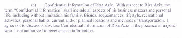 Non-disclosure agreement with Debra Whelan's company focused on the privacy of Riza Aziz and no other client