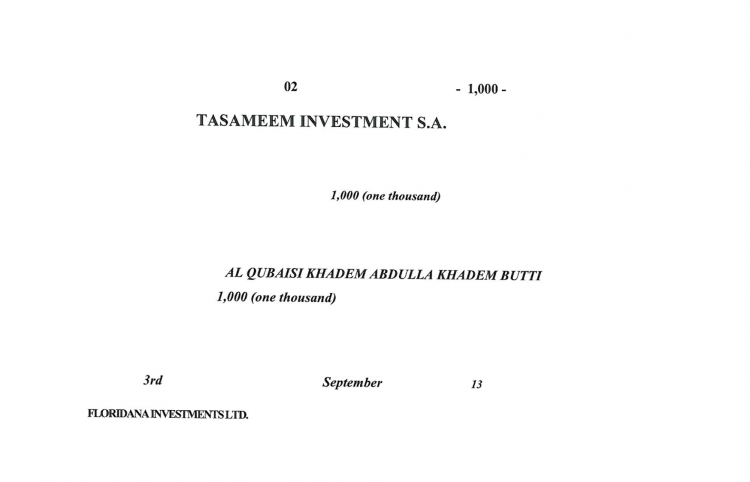 All 1,000 shares in the BVI arm of Tasameem were signed over to Khadem Al Qubaisi