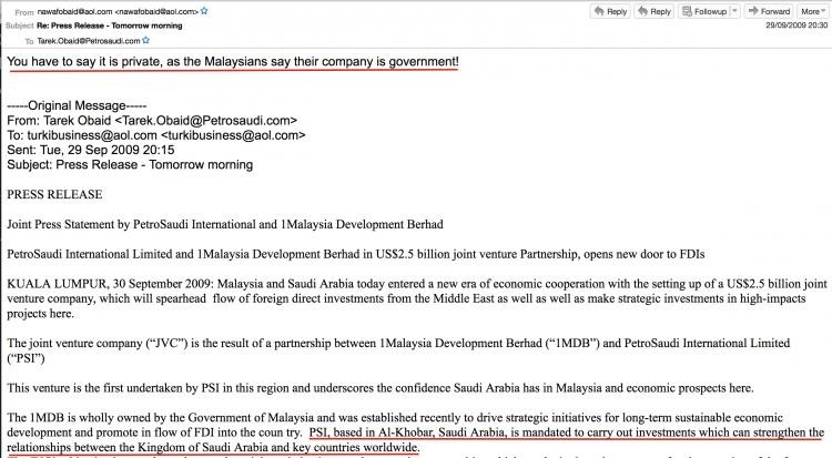 Brother Nawaf's warning email to PetroSaudi's Tarek Obaid at the announcement of the 1MDB joint venture