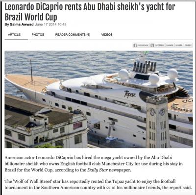 Jho organised for Leo and pals to cavort on 1MDB thief Khadem Al Qubaisi's Topaz yacht during Rio World Cup