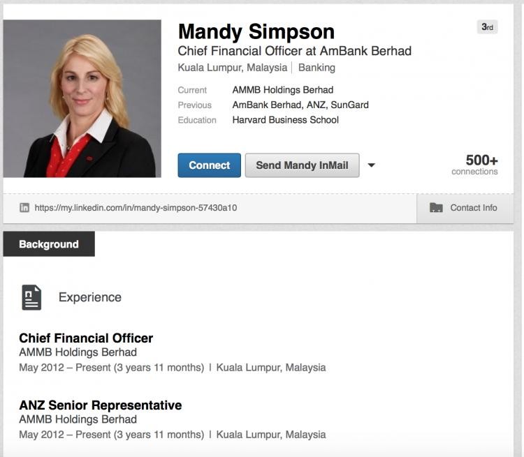 Mandy Simpson - CFO of AmBank during Najib transfers, also with ANZ