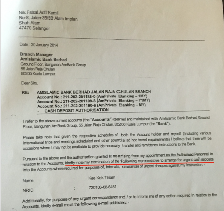 As the "Authorised Person" managing Najib's accounts Nik Faisal appointed a deputy in January 2014 to make 'urgent cash deposits' while he was absent abroad.