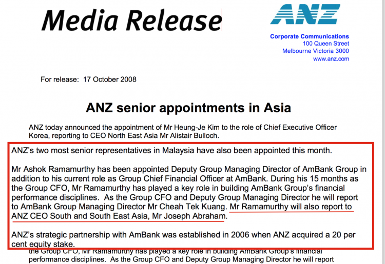 ANZ announcement Ramamurthy will also report to ANZ 