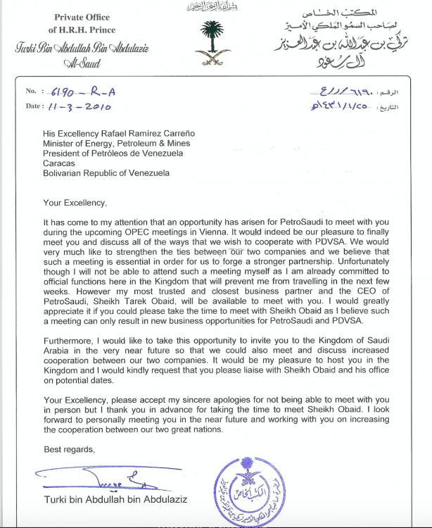 Letter from the Saudi Prince Turki, Shareholder of PetroSaudi