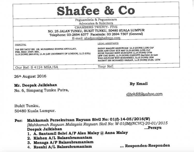 Letter from Shafee warning Deepak not to drop him from the original case