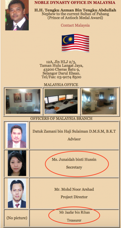 Established connections - Junaidah binti Hussin and Ja'afar bin Rihan are both on the team of a 'noble heritage' organisation headed by a member of the Pehang royal family.