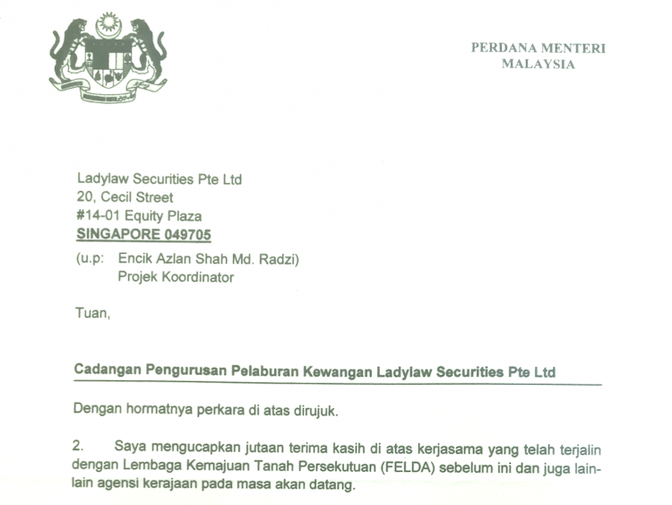 Letter from Malaysia's PM/ Minister of Fianance