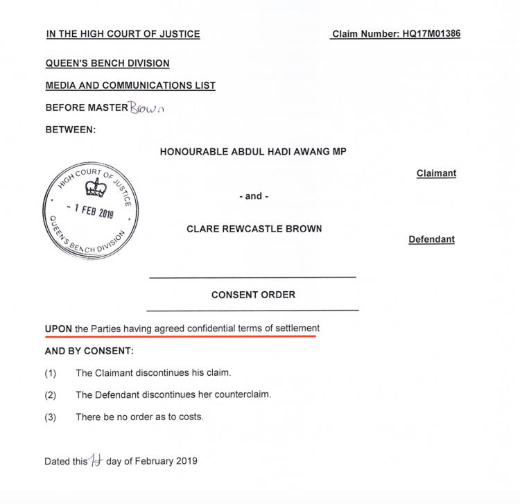 The eventual court order was super-short, making reference to the CONFIDENTIAL terms of settlement between the parties