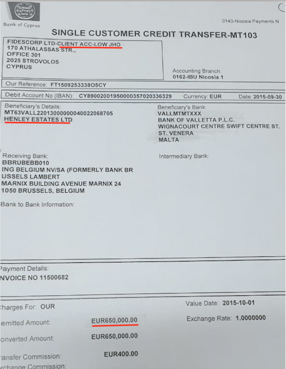 €650,000 referral fees to H&P transferred by Fidescorp relating to Jho Low's purchase of a €5million property as part of his citizenship transaction.