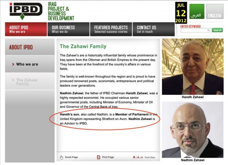 IPBD website described Zahawi as an 'Advisor' as a UK MP until 2018